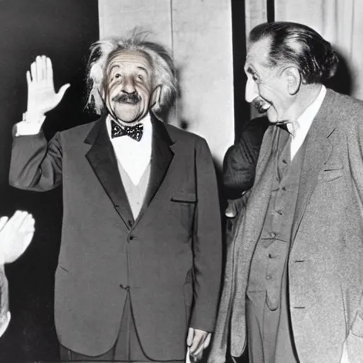 Image similar to albert einstein giving walt disney a high five, photograph, colorized, 1 9 5 4