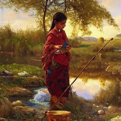 Image similar to beautiful painting by sophie anderson of a beautiful young kurdish girl painting by a river in a kurdish village, she is painting the river, award winning art, insanely detailed