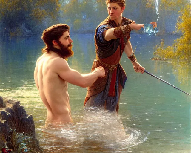 Image similar to attractive male wizard casting powerful water spell in a beautiful lake. highly detailed painting by gaston bussiere, craig mullins, j. c. leyendecker 8 k