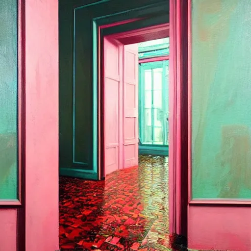 Image similar to diego dayer, hyperrealistic surrealism, award winning masterpiece with incredible details, a surreal vaporwave painting of pink door leading to a teal room, mirrors everywhere, highly detailed, hallway with black and white checkered floor, intricate, elegant