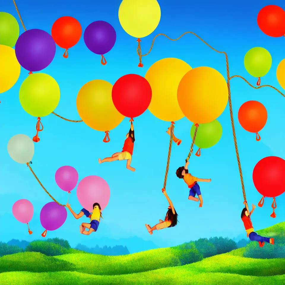 Image similar to large colorful balloons with people on rope swings underneath, flying high over the landscape, realistic, detailed