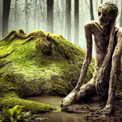 Image similar to Enigmatic Slender Man with Mud and Moss over his skin and plants growing on him is kneeling in a dirty pond, Photorealistic, Sunlight, Creepy, Nature, Hyperrealism, Hyperdetailed