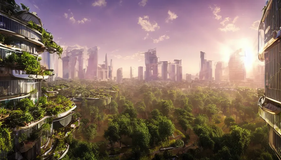 Sunrise over solarpunk city, many trees and plants,, Stable Diffusion