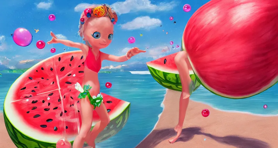 Image similar to A beautiful artwork illustration, detailed, bubbly, watermelon, sodapop, beach, jolly ranchers, birds, diamonds, girls, subsurface scattering, cartoon-y, featured on Artstation, wide angle, horizontal orientation, very coherent, cinematic, high detail, octane render, 8k