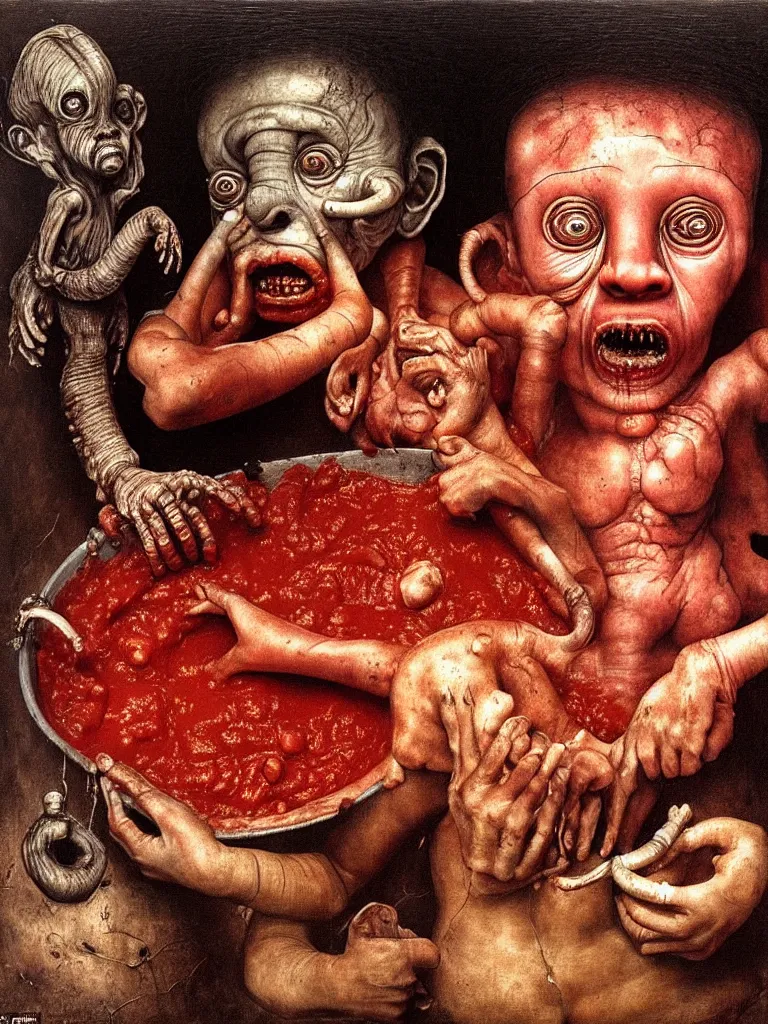 Image similar to a boy like eraserhead and elephant man sitting in a tub full of tomato sauce, looking straight at camera, screaming, by giuseppe arcimboldo and ambrosius benson, renaissance, fruit, intricate and intense oil paint, a touch of beksinski and hr giger and edward munch, realistic