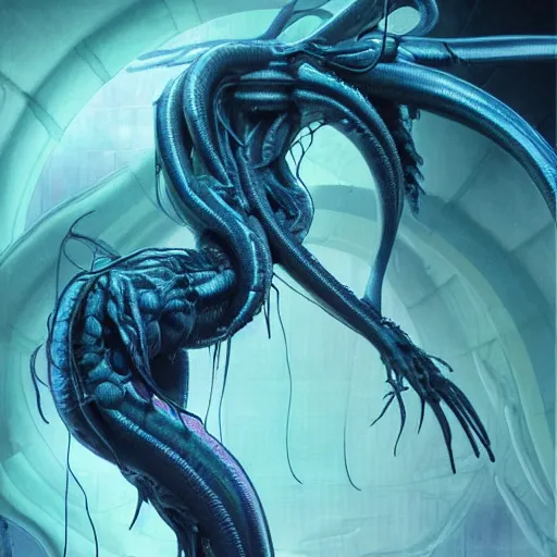 Prompt: hatsune miku xenomorph chimera lurking in dark room, wet dripping, blue long hair, designed by h. r. giger, highly intricate detailed 8 k ultrarealistic octane render by artgerm and rutkowski and beksinski and mucha