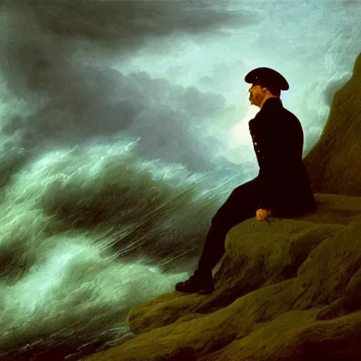 Prompt: Captain looking out over a raging storm, romanticism, by Caspar Friedrich