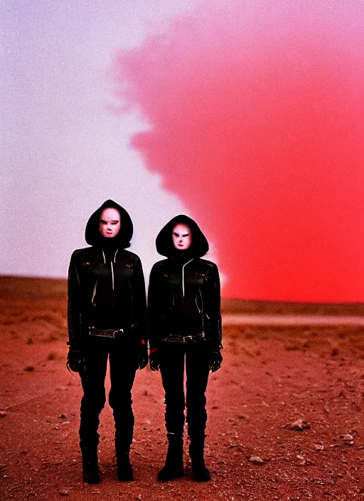 Image similar to cinestill 5 0 d photographic portrait of two loving female androids wearing rugged black techwear on a desolate plain with a red sky, extreme closeup, lizard on ground, cyberpunk style, in front of a brutalist dark metal facility, dust storm, 8 k, hd, high resolution, 3 5 mm, f / 3 2, ultra realistic faces