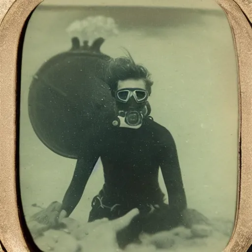 Image similar to underwater tintype photo of scuba driver riding a octopus
