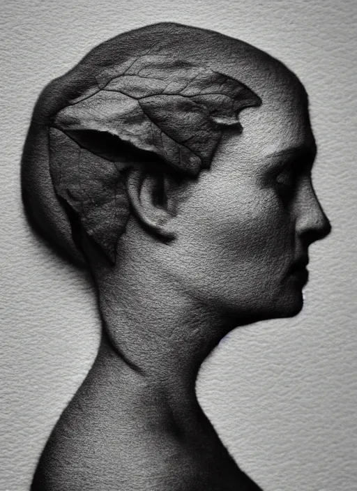 Prompt: a woman's face in profile, made of leaf, in the style of the Dutch masters and Gregory Crewdson, dark and moody