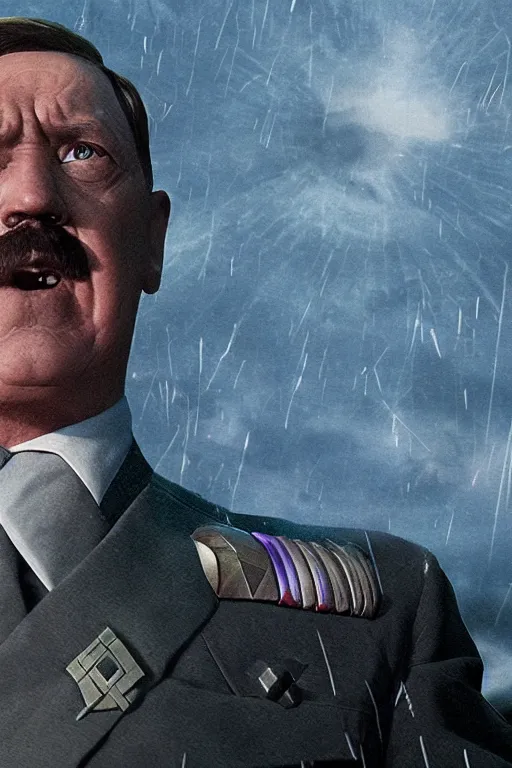 Prompt: a still of Hitler as Thanos in Avengers Endgame, close-up, sigma male, rule of thirds, award winning photo, highly detailed features, raining, ethereal lighting, Nazi pyramid backdrop