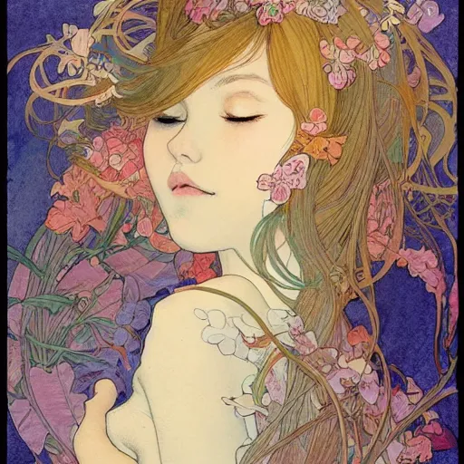 Prompt: a beautiful intricate watercolor illustration of a sleeping cute girl, 4 k, ultra - wide angle, by william turner, by victo ngai, by alphonse mucha, by miho hirano, by moebius, hd, trending on artstation, hyper detailed, muted intense colors