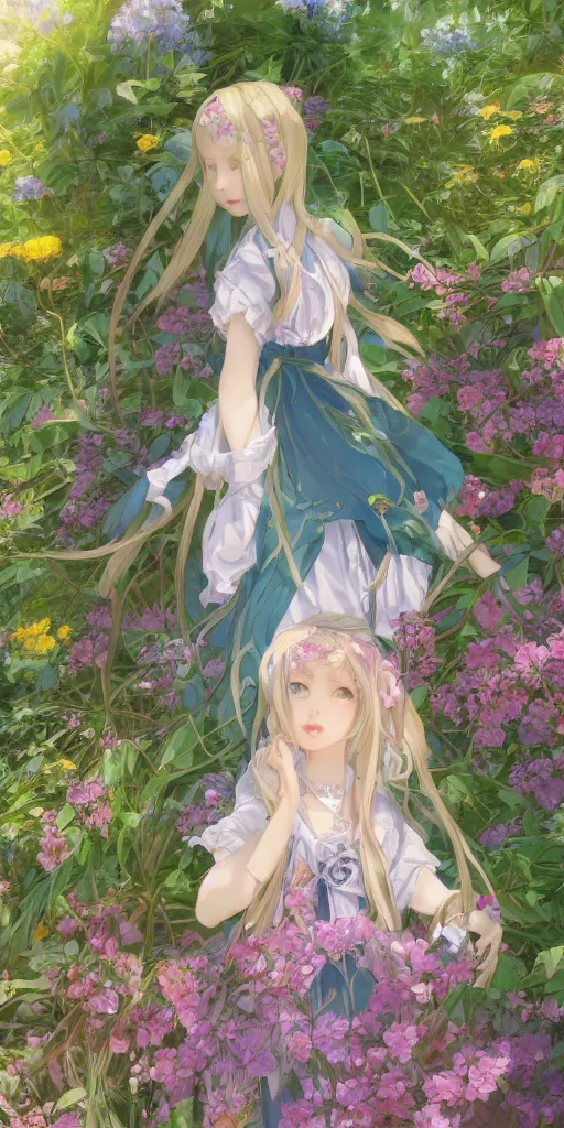 Image similar to a digital art of a loli with long hair in a dress in the privet garden at after noon, green and warm theme, mediumslateblue flowers, back lighting, by krenz cushart and mucha and akihito yoshida and greg rutkowski and makoto shinkai, highly detailed, 4 k resolution, trending on art station