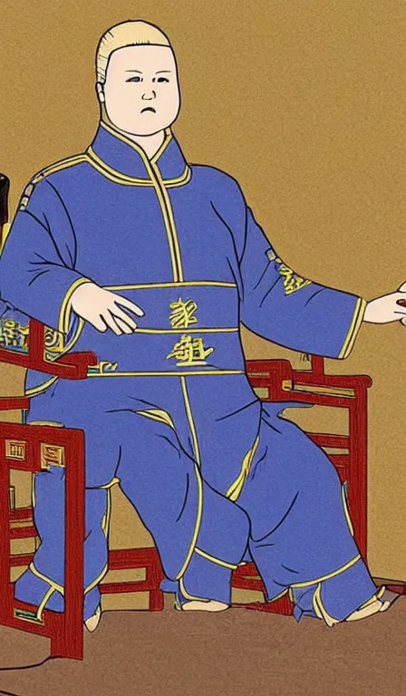 Prompt: Bobby Hill sits on his throne as emperor of Hill Dynasty China, imperial portrait