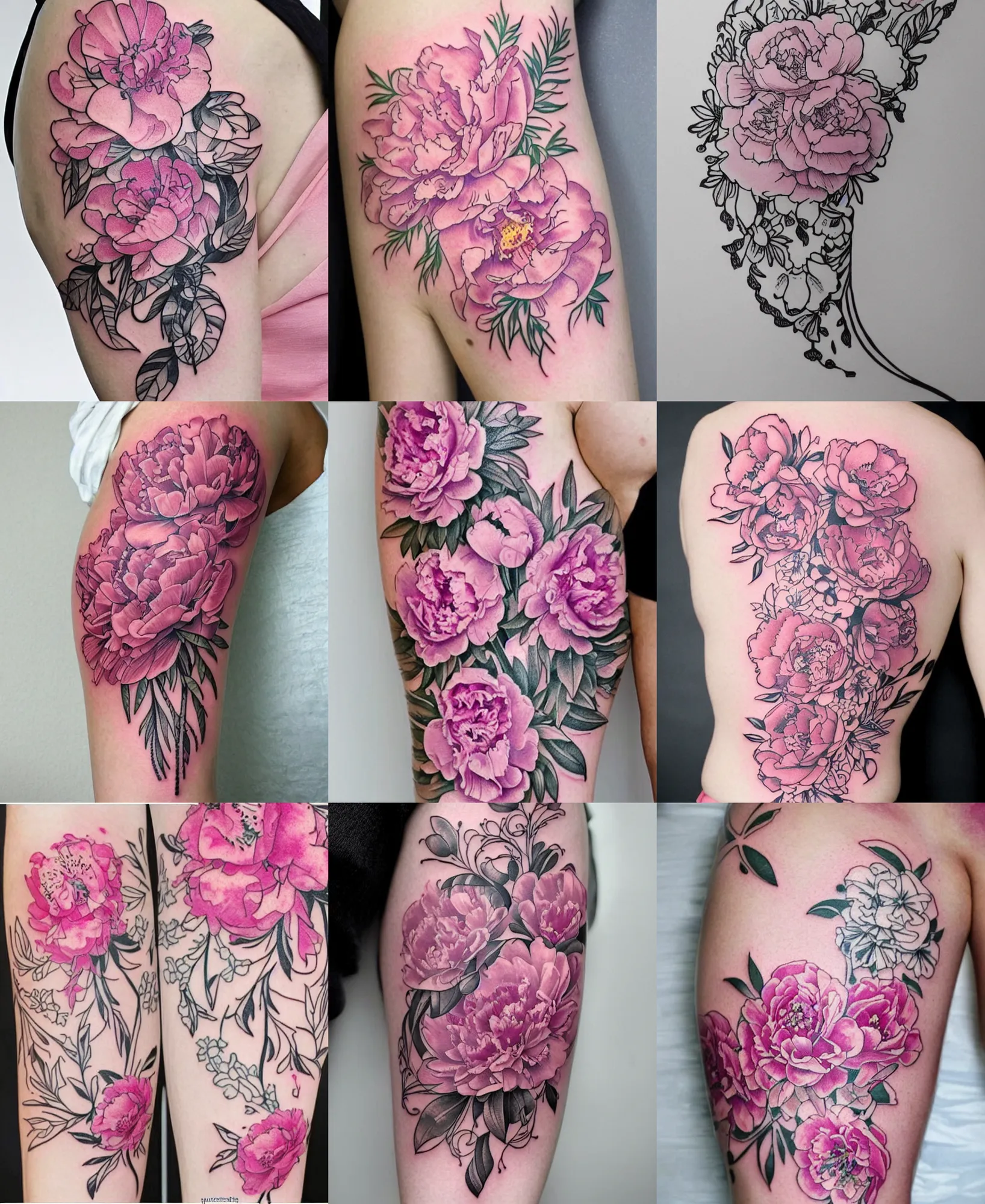 Prompt: amazing detailed tattoo line work stencil of a cascading bouquet of lush pink peonies and white limonium flowers delicate and feminine