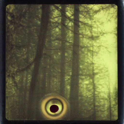Image similar to glowing eyes in a dark forest, old polaroid, expired film, lost footage, nightmare, creepy, horror, unsettling,