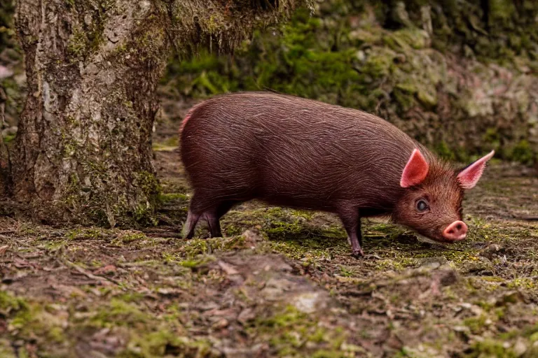 Image similar to a pudu pig!!! hybrid! hyper realistic!! realistic lighting!! wildlife photographer of the year!!! bold natural colors, national geographic, hd, wide angle, 8 k