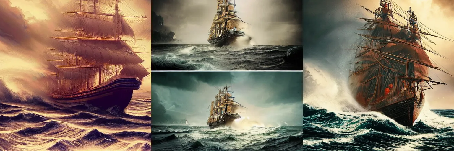 Prompt: An exquisitely ornate royal sailing ship, huge waves and storms at sea, dark atmosphere, high precision, fantasy matte painting,super wide angle,in Grzegorz Rutkowski and Dan Mumford style，featured on unreal engine,light effect，more details，Houdini particle effects，rtx on,-H 1024-W 768