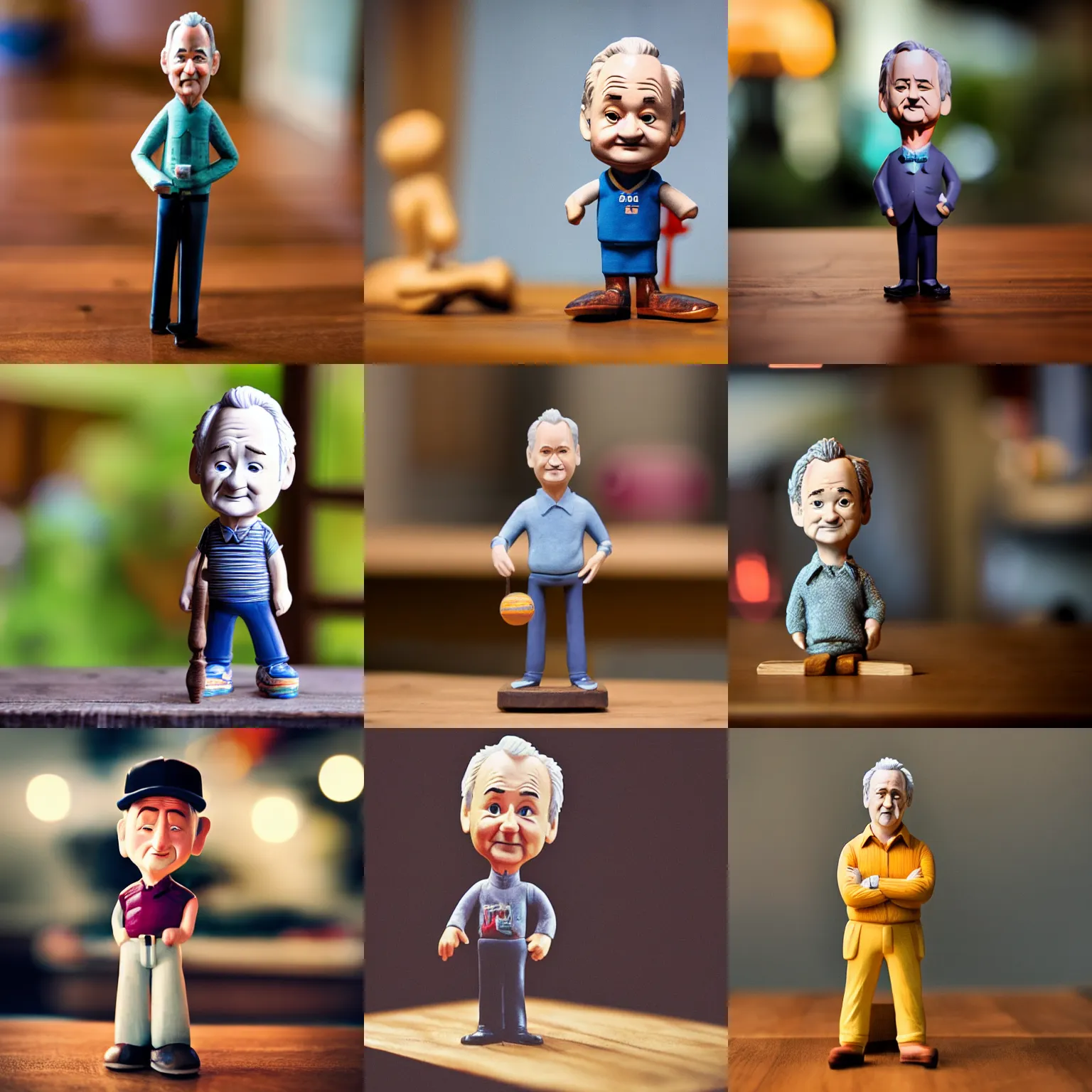 Prompt: Bill Murray figurine by Pixar sad bokeh on wooden table