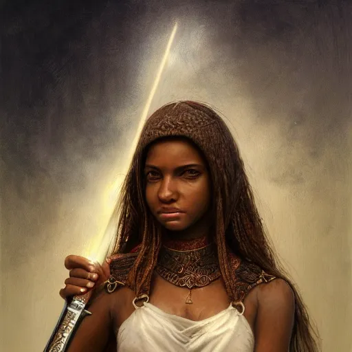 Prompt: artstation concept of a beautiful girl holding a saber, brown skin, sweaty skin, symmetrical face, casual white garment, white desert background, shiny colorful, hyperdetailed, artstation trending, world renowned artists, worth1000.com, historic artworks society, antique renewal, cgsociety, by greg rutkowski, by Gustave Doré, Deviantart