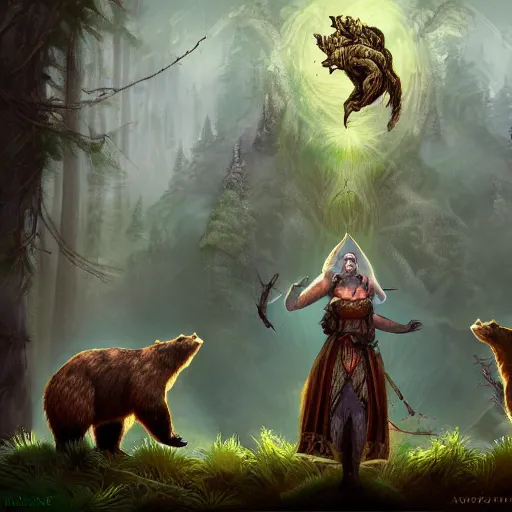 Image similar to elven druid summoning bears in the forest, diablo 2 inspired, trending on artstation, ultra fine detailed, hyper detailed, hd, concept art, digital painting