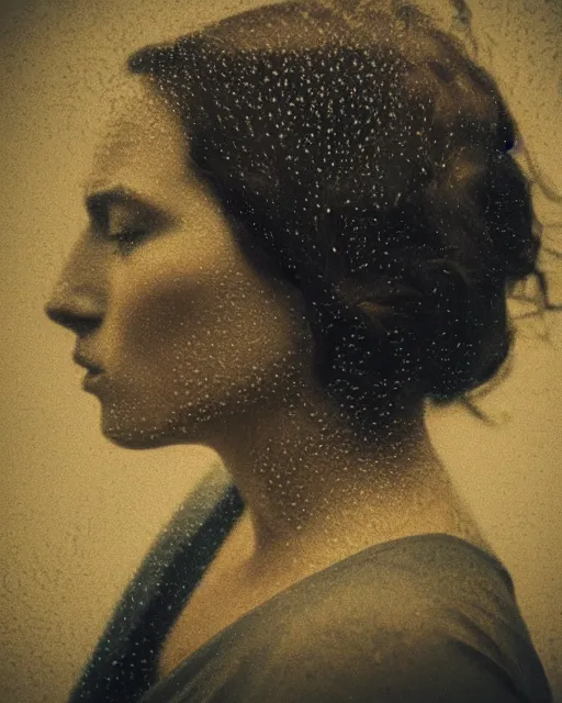 Image similar to a woman's face in profile, made of raindrops, in the style of the dutch masters and gregory crewdson, dark and moody