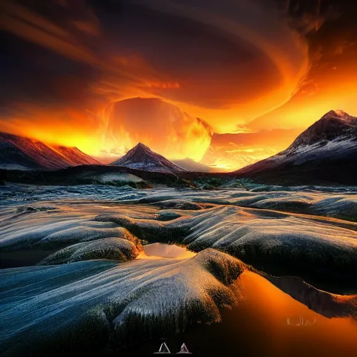 Prompt: landscape photography by marc adamus, wide angle, dramatic lighting, sunset, dramatic sky