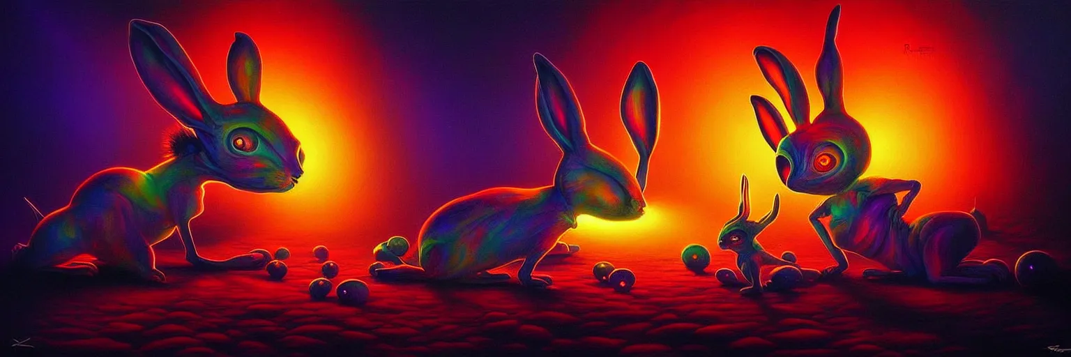 Image similar to strange alien bunny creatures from the depths of the collective unconscious, dramatic lighting, surreal darkly colorful painting by ronny khalil