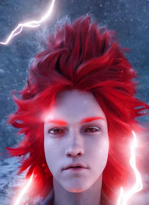Image similar to An epic fantasy comic book style portrait painting of a young fairy boy with red wings, pointy red hair, white glowing eyes, red long hair red coat. Unreal 5, DAZ, hyperrealistic, octane render, cosplay, RPG portrait, dynamic lighting