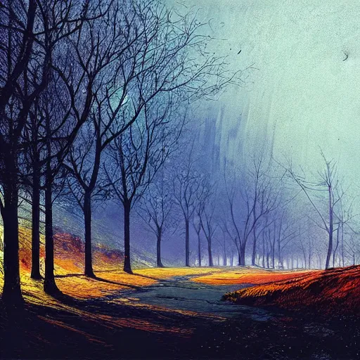 Image similar to A Landscape by Alena Aenami and John Atkinson Grimshaw