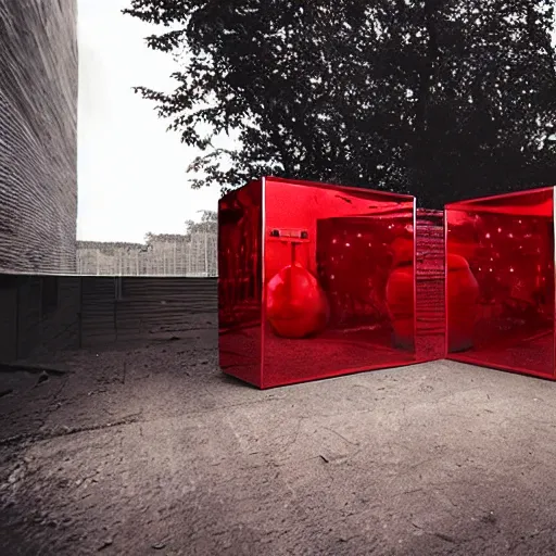 Prompt: chrome spheres on a red cube by gregory crewdson