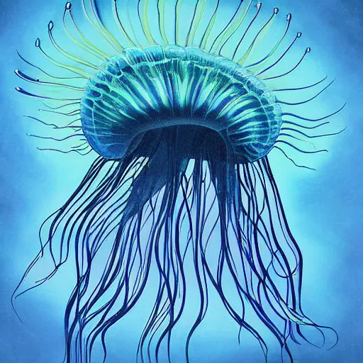 Image similar to a painting of a jellyfish in blue water, a digital painting by Earnst Haeckel, featured on deviantart, digital art, bioluminescence, luminescence, black background