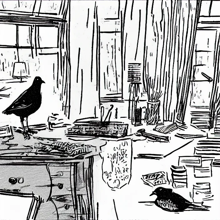 Image similar to a still frame from comic strip a pigeon sitting on the desk 1 9 9 0, new yorker illustration, monochrome contrast bw, lineart, manga