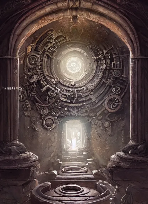 Prompt: a mysterious stone pillar covered with circular mechanisms and glyphs, in an ancient vault, rundown vault, fantasy digital painting, stunning intricate details, dim torch lighting, artwork by ross tran, artgerm