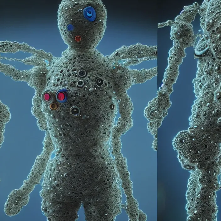 Image similar to a cybernetic symbiosis of a single astronaut mech-organic eva suit made of pearlescent wearing knitted shiny ceramic multi colored yarn thread infected with diamond 3d fractal lace iridescent bubble 3d skin dotted covered with orb stalks of insectoid compound eye camera lenses floats through the living room, film still from the movie directed by Denis Villeneuve with art direction by Salvador Dalí, wide lens,kevlar,carbon fiber,ceramics,gaseous materials,