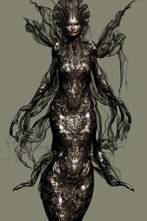 Image similar to a realistic dark photo of a beautiful ancient alien woman goddess with six hands kate moss standing in iris van herpen dress jewelery and fractals in style of alphonse mucha art nuvo dmt trending on artstation made in unreal engine 4