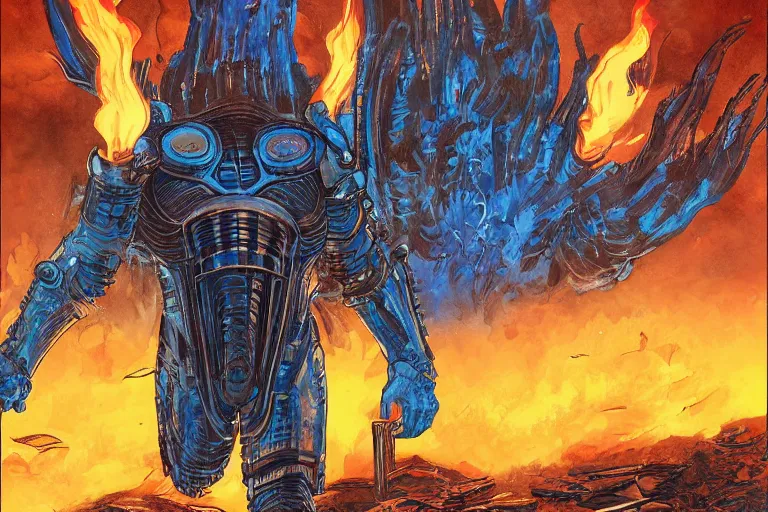 Prompt: an illustrated graphic novel image of a giant elon musk in blue battle armor walking toward the camera with fire and an explosion of dozens of blue birds, h.r. giger, ross tran