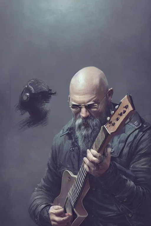 Image similar to a grumpy bald man with a long grey beard playing the guitar, black clothing, 3 d render, hyper - realistic detailed portrait, ruan jia, wlop. scifi, fantasy, magic the gathering, hyper detailed, octane render, concept art, peter mohrbacher