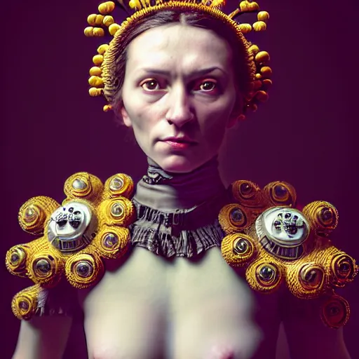 Image similar to Caravaggio style full body Photography of Highly detailed beautiful Woman with 1000 years detailed face and wearing detailed Ukrainian folk costume designed by Taras Shevchenko also wearing highly detailed retrofuturistic sci-fi Neural interface designed by Josan Gonzalez. Many details In style of Josan Gonzalez and Mike Winkelmann and andgreg rutkowski and alphonse muchaand and Caspar David Friedrich and Stephen Hickman and James Gurney and Hiromasa Ogura. Rendered in Blender and Octane Render volumetric natural light