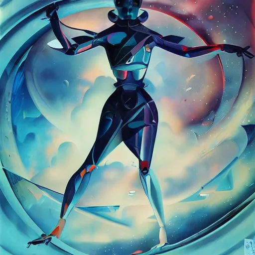 Image similar to scifi futurism automaton minimalism chrome by peter mohrbacher art Hajime Sorayama airbrush hyperrealism model abstract shatter fragments cubism futurism pastel blue soft flat minimal minimalism portrait face jackson pollock ukiyo-e lithograph mark ruthko swirl escape noise shimmer glow paint