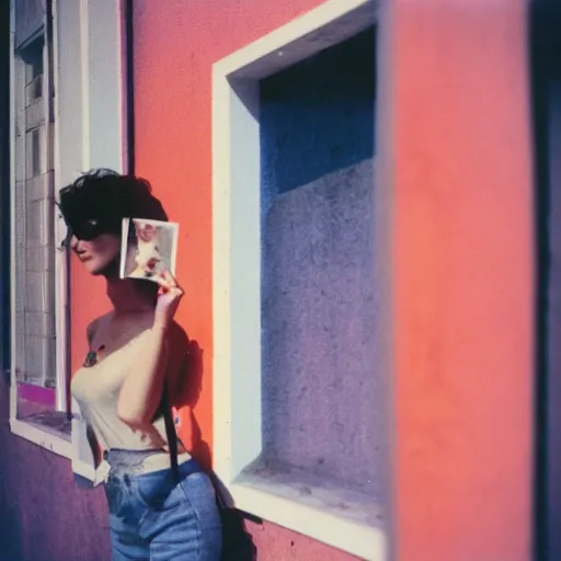 Image similar to colorful instant photograph of a short hair woman smoking in the street, leaning on the wall, polaroid, light leak, raw, nostalgic