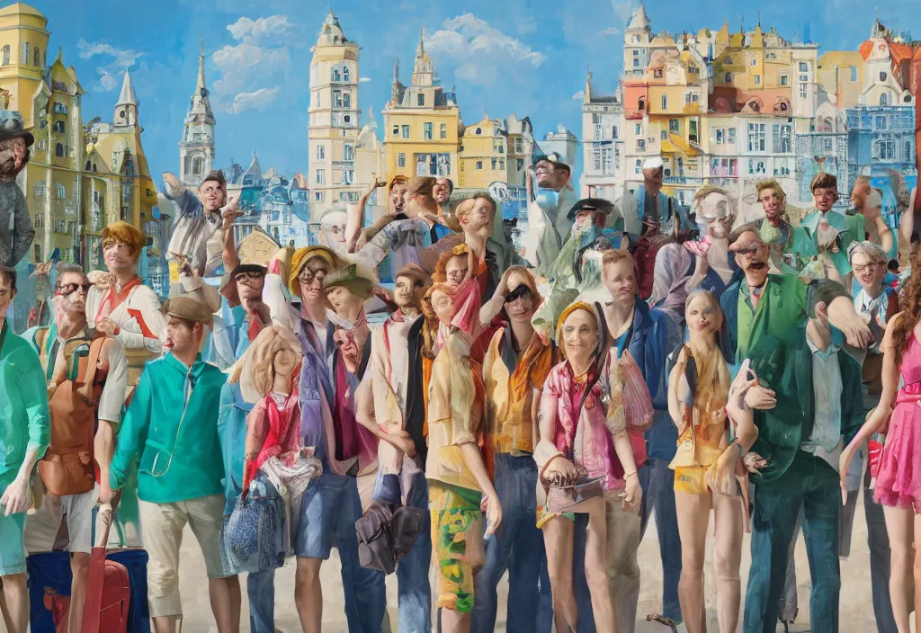 Prompt: full body portrait of a group, a row of a several european tourists getting off a tour bus, standing with a variety of poses and props, several character designs, sightseeing, a detailed painting, in the style of wes anderson, lola dupre, david hockney, isolated on negative white space background dark monochrome neon spraypaint accents volumetric octane render