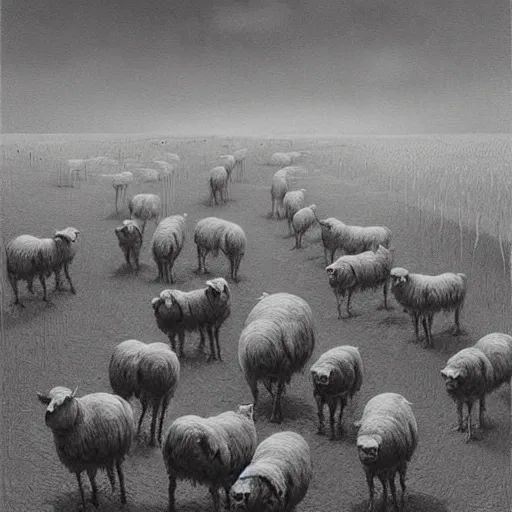 Prompt: dead sheeps in a farm nuclear winter by zdzisław beksinski