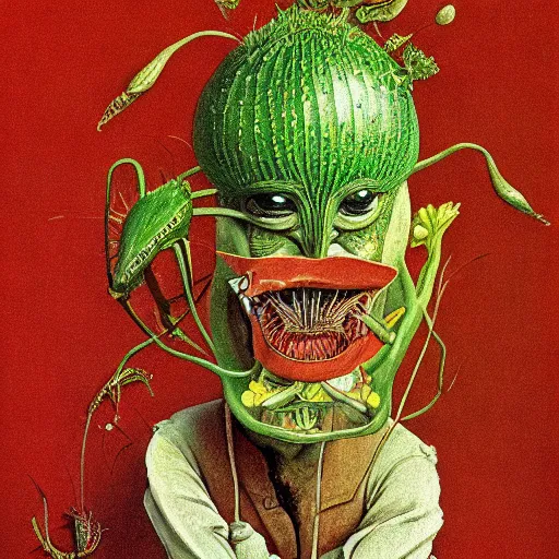 Prompt: Portrait of a Venus Flytrap Guy Venus Flytrap disguised as a human standing atop a red clay pot salvador dali octavio ocampo jacek yerka winslow homer norman rockwell inio asano prismacolor tombow quill