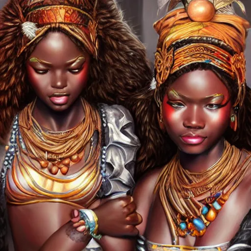 Image similar to beautiful Zulu goddesses holding hands, focused, worried, highly detailed, artstation, concept art, sharp, illustration, art by artgerm and beeply