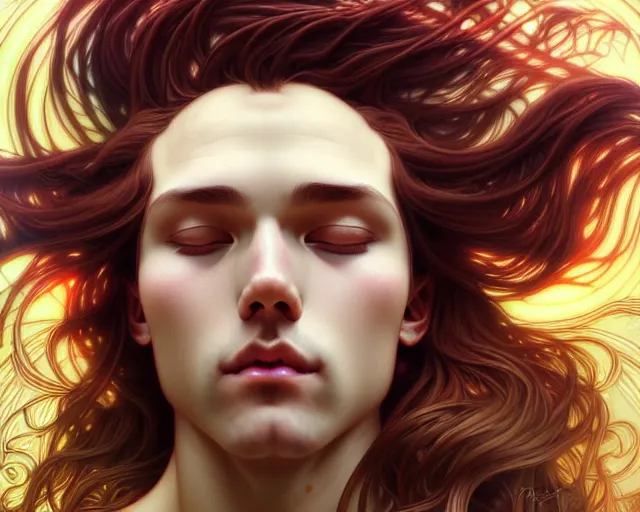 Image similar to overlord, psychedelic flowing hair, close eyes, portrait, highly detailed, deep focus, elegant, digital painting, smooth, sharp focus, illustration, ultra realistic, 8 k, art by artgerm and alphonse mucha and edgar maxence