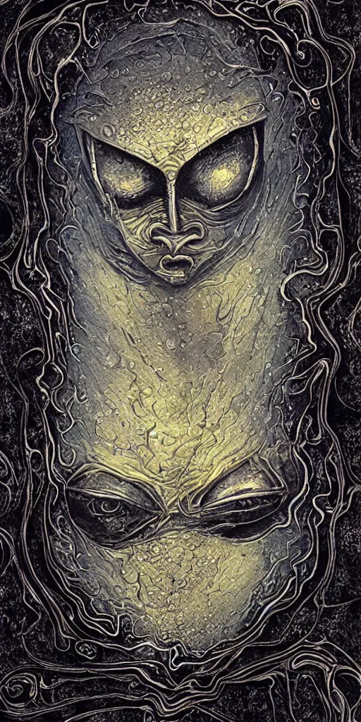 Image similar to a tarot card of an alien face made of water texture, incredible highly detailed digital paiting, epic lighting, highly detailed symbols as frames of the card