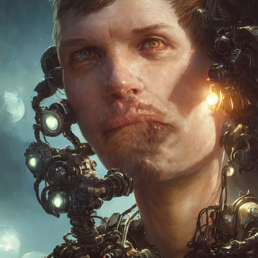 Image similar to hyper realistic detailed portrait of cyborg, stephen bliss, unreal engine, fantasy art by greg rutkowski, loish, rhads, ferdinand knab, makoto shinkai and lois van baarle, ilya kuvshinov, rossdraws, tom bagshaw, alphonse mucha, global illumination, radiant light, detailed and intricate environment, highly detailed, award winning art