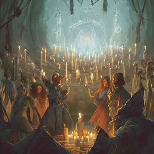 Image similar to highly detailed painting of a a group of sorcerers conducting a ritual in a ring of candles in the style of Greg rutkowski and Peter mohrbacher, trending on artstation