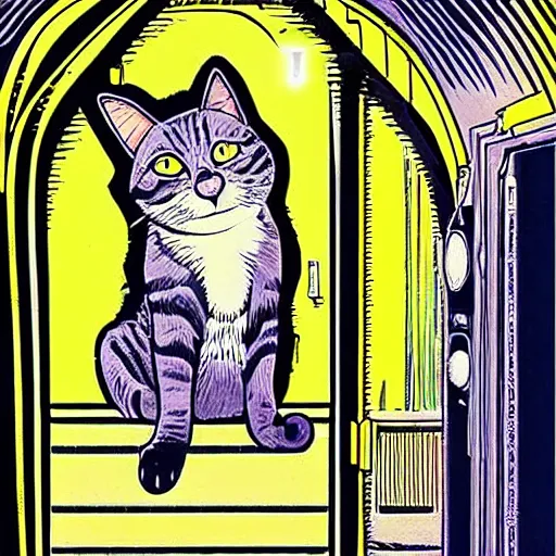 Image similar to an art nouveau cat wearing a hooded cloak, in an elevator with neon panelling, by moebius and james gurney